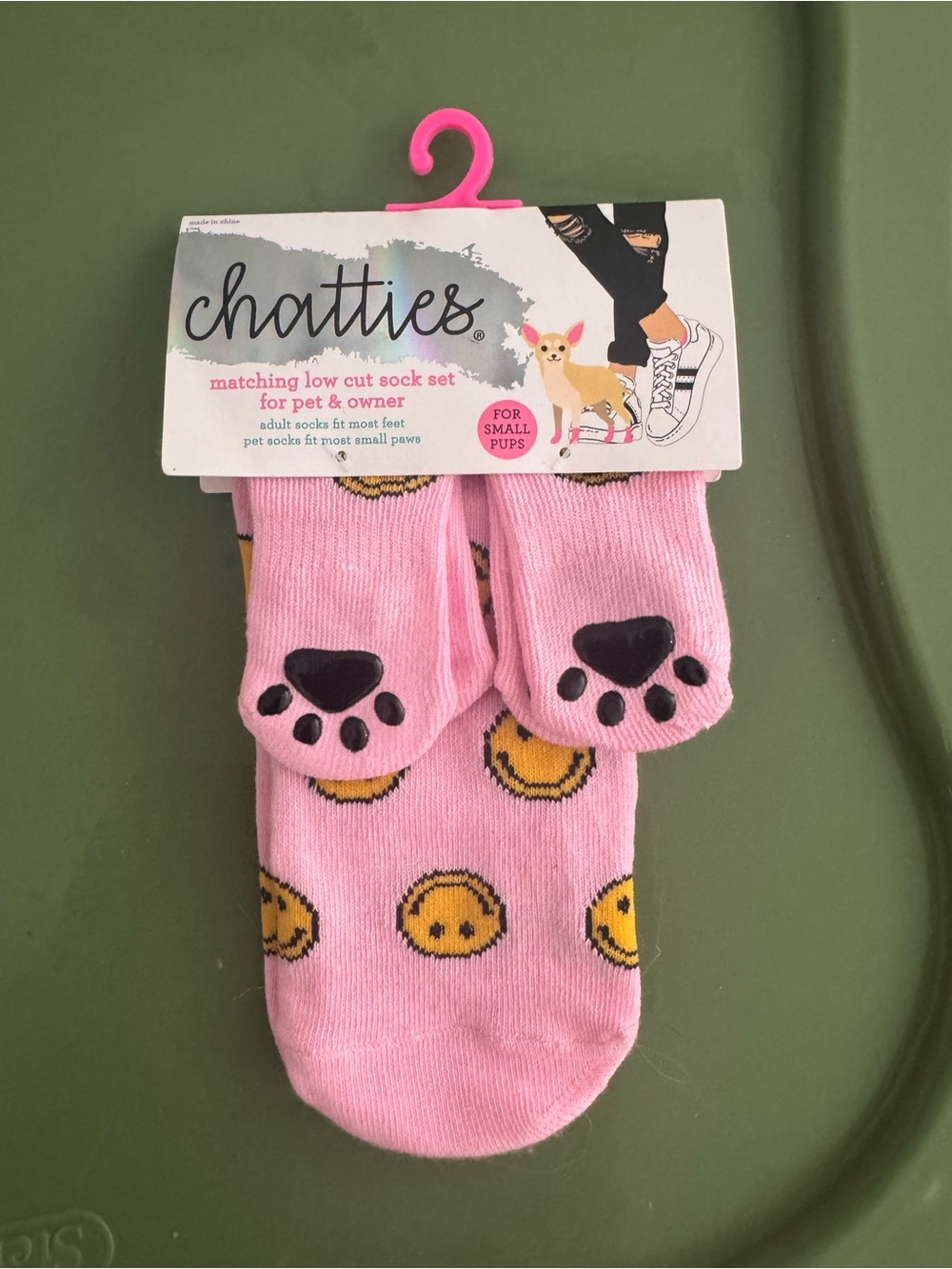 chatties Pink Smiley Face Low Cut Dog Socks with Black Paw Grips